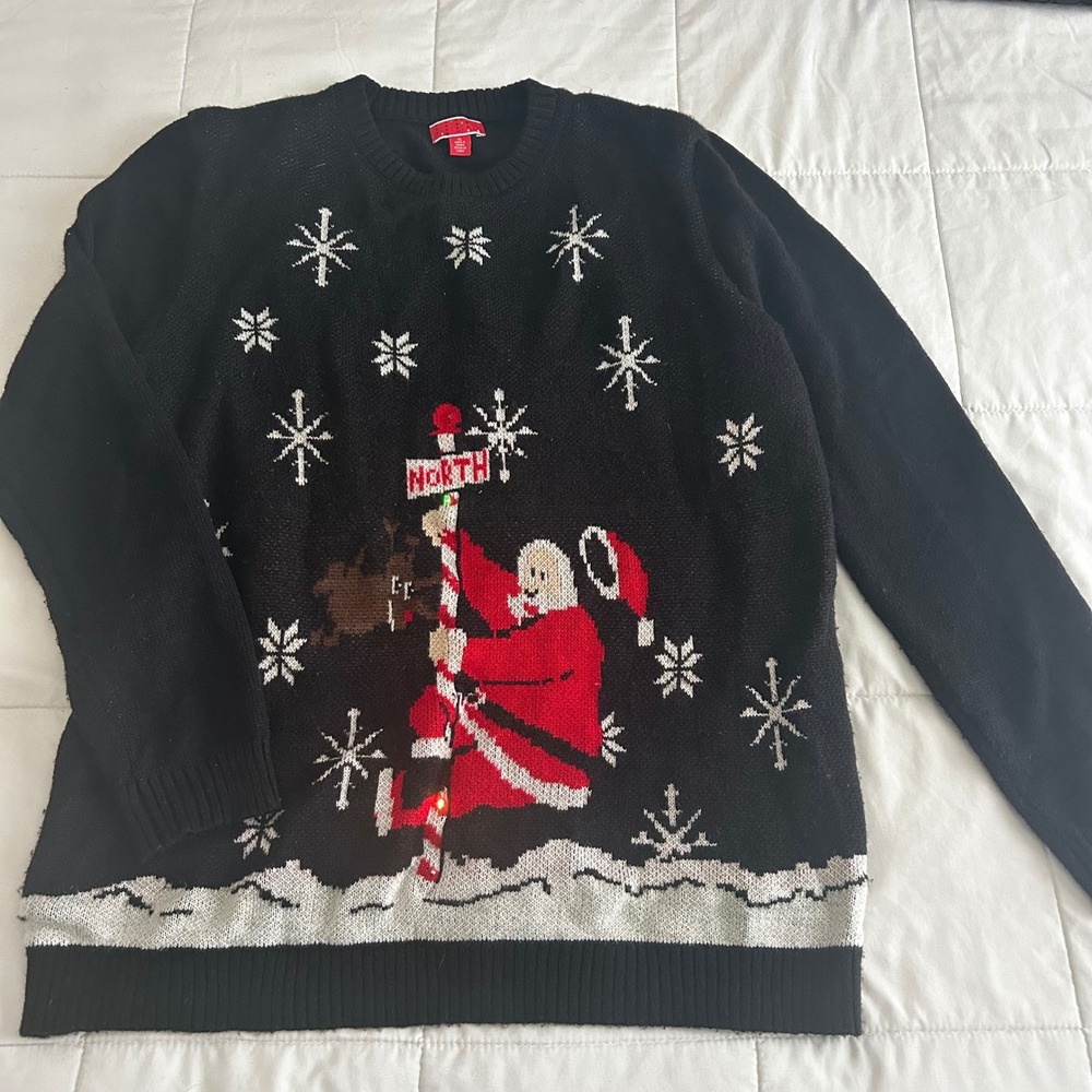 Ugly Christmas Light Up Sweater Women XL Black Santa North Pole Holiday Knit
